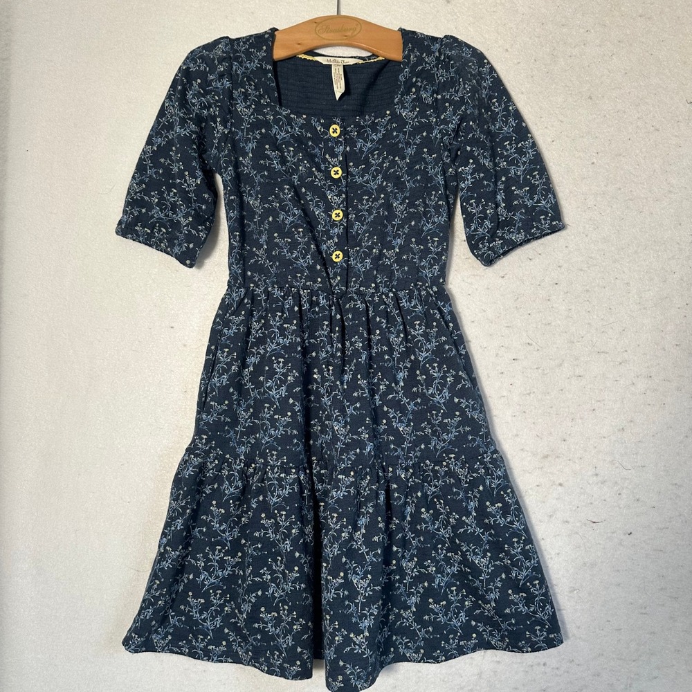 Matilda Jane Girls Navy Blue Floral Tiered Dress Size 8 Square Neck Short Sleeve